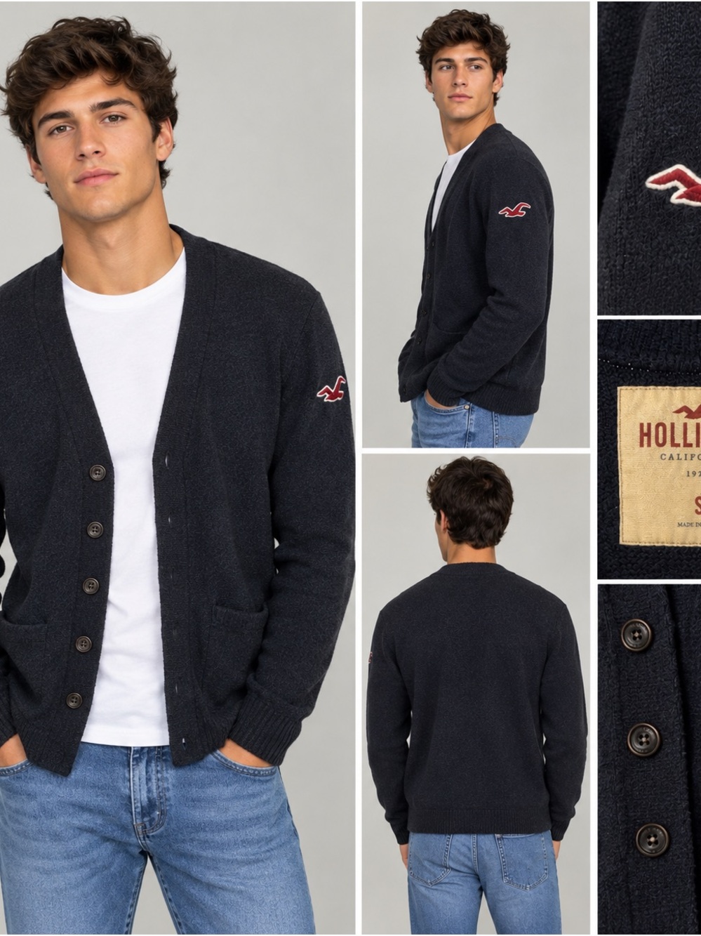 Hollister Men's Dark Navy Button Cardigan with Logo Patch